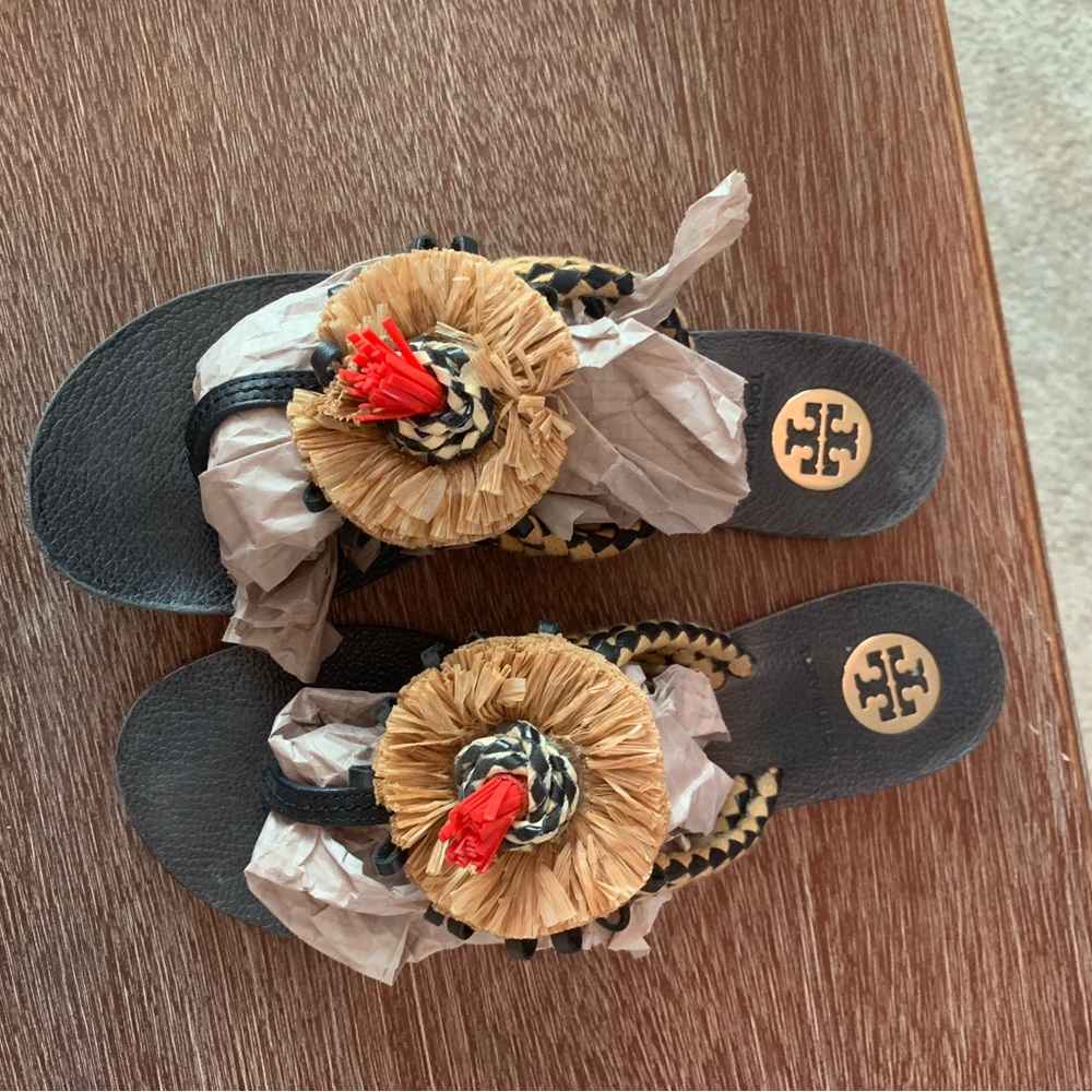 Tory Burch Black Sandals with Raffia Flower